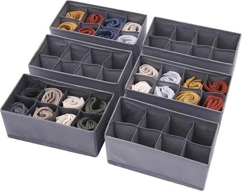 DIOMMELL Paquete de 6 cajas de almacenamiento de tela plegables para armario, aparador, cajón, cestas de tela, contenedores divisores para ropa, Gris
