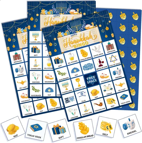 Liliful Juego de 35 tarjetas de bingo de Hanukkah para adultos y niños, 24 jugadores, juego de cartas de fiesta de Hanukkah, tarjetas de llamadas de