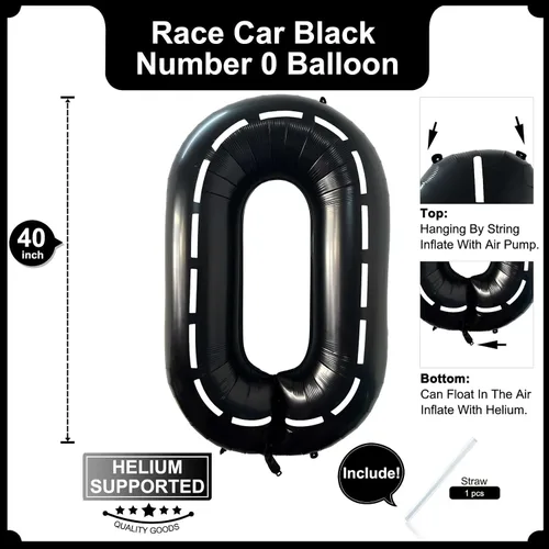 Miniatura 2 de Globo negro número 0 de 40 pulgadas, globos de helio de aluminio de Mylar de gran tamaño para niños de carreras de autos de carreras, camión