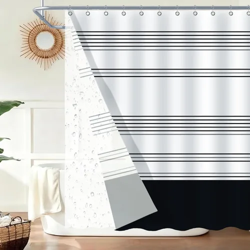 ORTIGIA Cortina de ducha a rayas negras, cortina de baño de tela de poliéster impermeable de 72 x 72 pulgadas, con forro de PEVA y 12 ganchos de