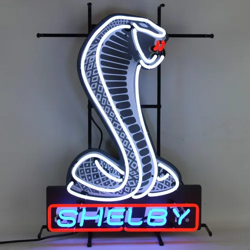 Neonetics - Letrero de neón para Ford OLP Shelby Cobra Mustang con respaldo de tubos de vidrio real soplados a mano, rojo, blanco y azul, mide 20