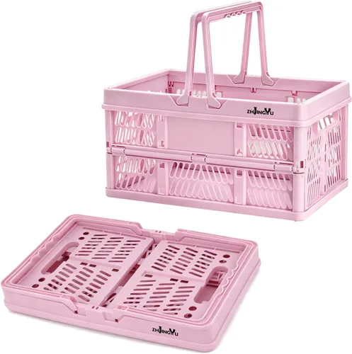 Miniatura 10 de ZHJINGYU cajas para almacenamiento, cestas de plástico para organizar, cesta de compras plegable, caja plegable con asas, caja de almacenamiento Rosa