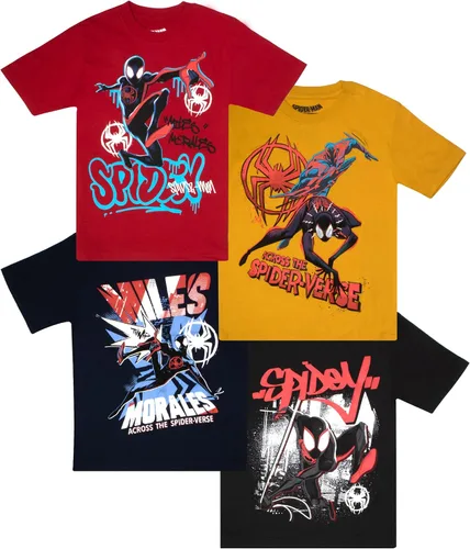 Marvel Spider-Man Spiderverse Avengers - Camiseta de manga corta, paquete de 4 unidades, Miles Morales Spider Gwen para niños