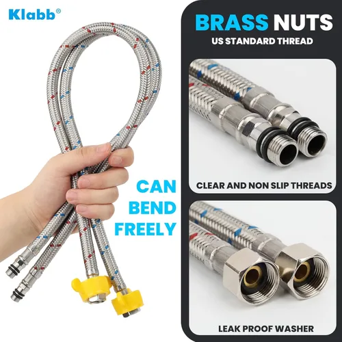 Miniatura 4 de Klabb Línea de suministro de grifo trenzado de acero inoxidable de 32 pulgadas, entrada de compresión de 3/8 pulgadas con adaptador de 1/2 pulgada