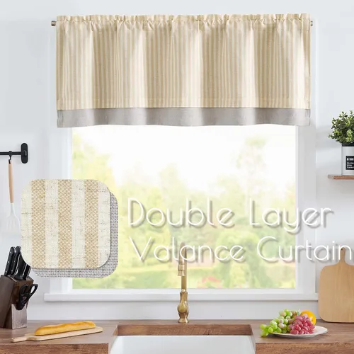 Miniatura 2 de jinchan Cenefa de Lino a Rayas para Ventanas de 16 Pulgadas Cortinas Opacas para Ventana Pequeña Estilo Granja Cenefa de Doble Capa para Sala