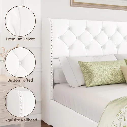 Miniatura 5 de BRELTAM Marco de Cama Tamaño Queen con Cajones de Almacenamiento y Cabecero Wingback Tapizado en Terciopelo Marco de Cama Plataforma Camas Blanco