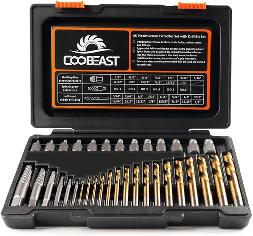 Coobeast - Juego de 35 extractores de tornillos y brocas izquierdas, kit de extractor de tornillos fácil de sacar con broca inversa de acero HSS