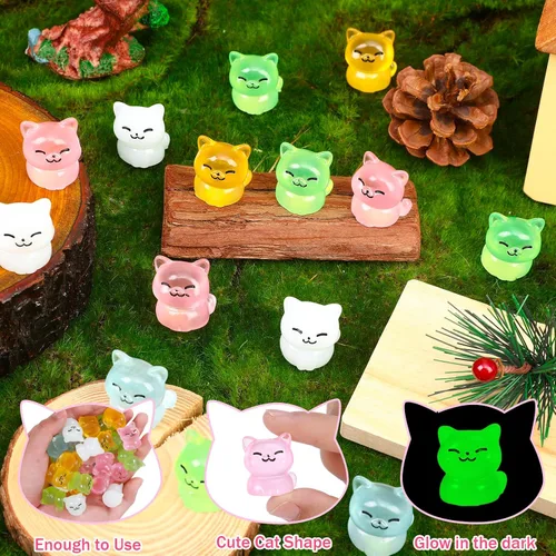 Miniatura 7 de 50 piezas de mini figuras luminosas de resina de animales de gato pequeño que brillan en la oscuridad, estatuas de gatos en miniatura adornos