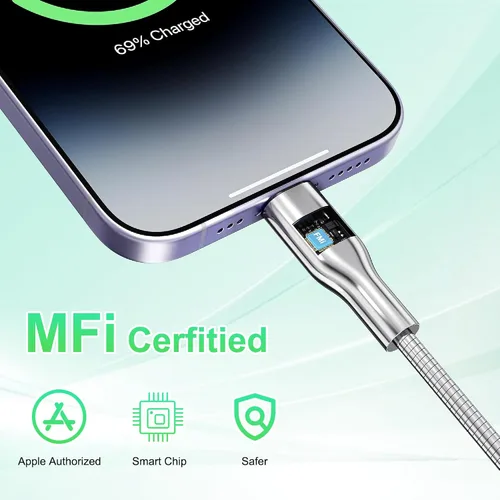Miniatura 5 de Cable USB a Lightning de 6.6 pies a prueba de mordidos, cable de carga para iPhone a prueba de perros y gatos, cable de carga para iPhone plateado