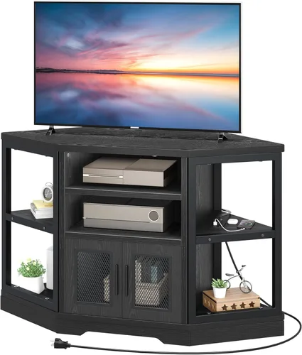 Miniatura 6 de YITAHOME Soporte de TV esquinero para televisores de hasta 50 pulgadas con toma de corriente, moderno centro de entretenimiento de granja, consola