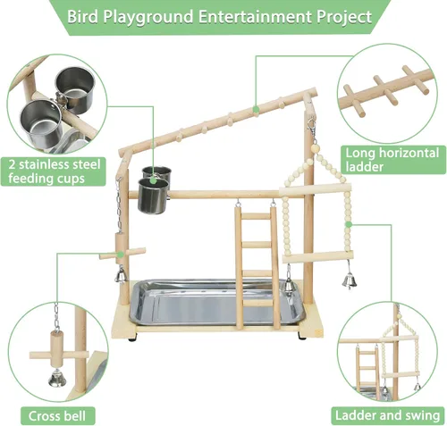 Miniatura 4 de Parrot Playstand Bird Playground Birdcage Soporte de madera Perca Escalera con comedero Tazas para Aves Juega Gimnasio Cockatiel Playground Incluye