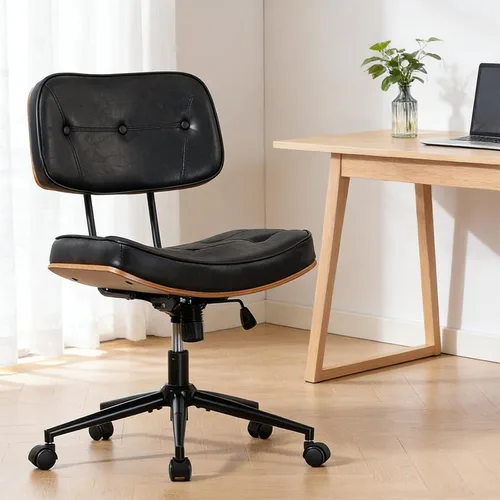 Miniatura 9 de Silla de Oficina para Hogar con Respaldo y Ruedas, Silla Giratoria Ejecutiva Moderna de Nogal, Silla de Tocador de Piel Sintética con Soporte Negro