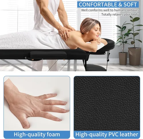 Miniatura 5 de Mesa de masaje, cama de masaje de 73 pulgadas, altura ajustable, 2 pliegues, de aluminio, de piel sintética, para belleza, spa, con funda