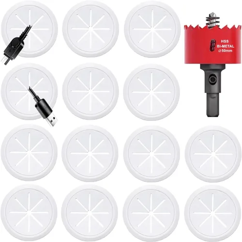 Miniatura 10 de Paquete de 2 ocultadores de cables de TV para pared, agujero de 1.97 pulgadas (50mm), kit de gestión de cables en pared, incluye 2 pasacables y 1
