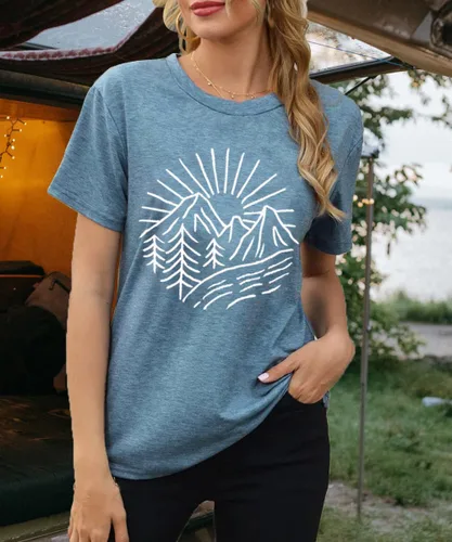 Miniatura 58 de Camisetas sin mangas de senderismo y montaña para mujer, divertidas camisetas de entrenamiento con gráficos de pino y amanecer, camisetas de verano