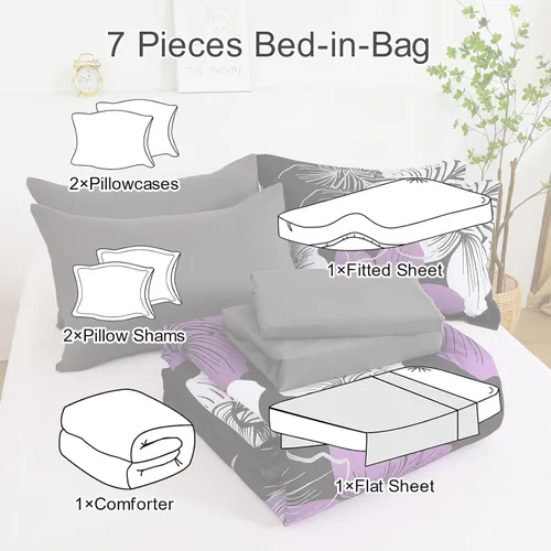 Miniatura 7 de Luxudecor Juego de edredón floral tamaño King, 7 piezas de cama en una bolsa, juego de edredón floral morado y sábanas, juegos de cama completos