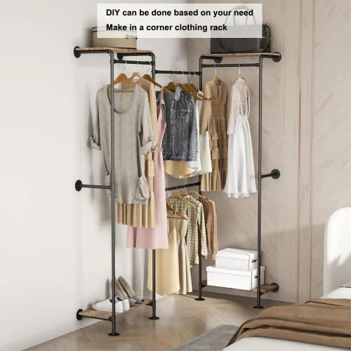 Miniatura 3 de KaKaBB Perchero industrial de tubería, perchero de pared para colgar ropa, perchero de esquina ajustable en forma de L con estantes, sistema de Negro