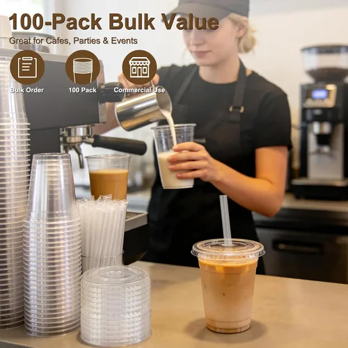 Miniatura 6 de Paquete de 100 vasos de plástico transparente de 16 onzas con tapas y pajitas, vasos desechables para café helado, a prueba de fugas, vasos de PET