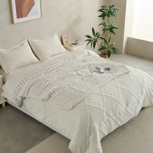 Miniatura 7 de Manta de punto grueso de 50 x 60 pulgadas, hecha a mano, acogedora y ligera para todas las estaciones, poliéster resistente a las arrugas, para Beige