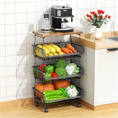 Gsiekare Cesta de frutas y verduras para cocina, cestas de almacenamiento de 4 niveles apilables con ruedas, cestas organizadoras de almacenamiento