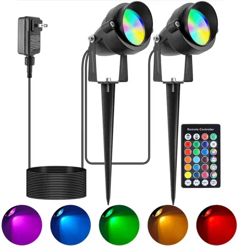 Focos de Navidad para Exteriores con Temporizador, Reflectores LED RGB de Paisaje de Metal de 10W con 16 Colores Cambiantes para Patio, Casa,