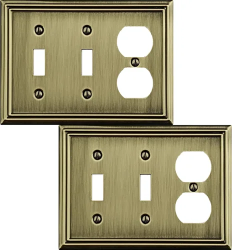 Miniatura 19 de OKAWYC Cubierta de interruptor de luz basculante/duplex Adler, placa de pared de metal, paquete de 2, latón antiguo de 2 bandas, cubierta decorativa