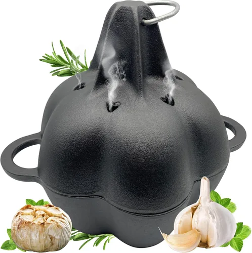 Miniatura 11 de Asador de ajo, asador de ajo de hierro fundido para parrilla de horno, sirve horneador de ajo asado fresco para cocina al aire libre, utensilios