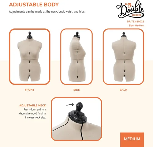 Miniatura 5 de Dritz My Double Designer Forma de Vestido Ajustable Mediana, Tallas Femeninas US 14–20, Maniquí de Costura con Torso Corporal Pinchable, 13 Diales