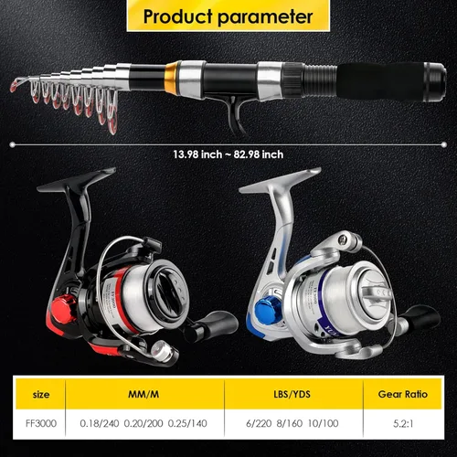 Miniatura 5 de Combo de Caña de Pescar Telescópica con Carrete 2PCS 6.89FT Caña de Pescar Plegable Carrete Giratorio Señuelos Accesorios con Bolsa de Pesca Kit