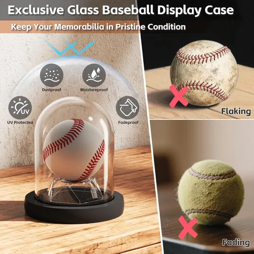 Miniatura 6 de Vitrina de béisbol con base de luz LED negra, soporte de béisbol de cúpula de cristal, estuche de pelota de juego para pelotas de béisbol