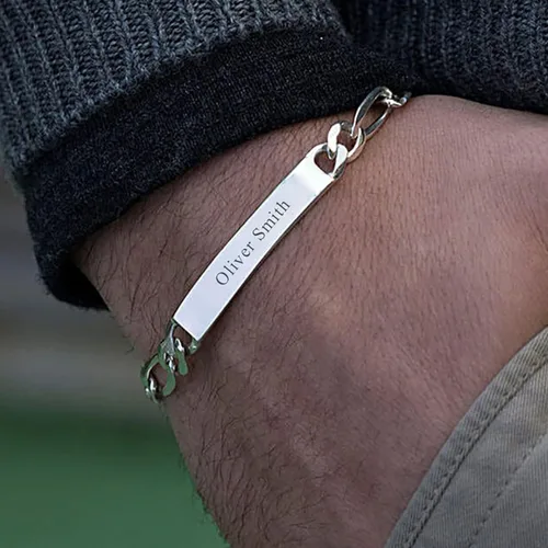 Miniatura 5 de LeCalla Personalized Customised Engraved Name Men's Figaro Chain ID Bracelet in 925 Sterling Silver Personalized Custom Birthday Christmas Fathers
