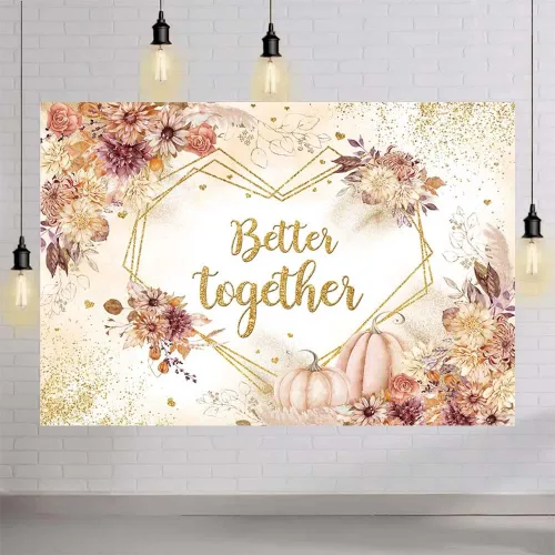 Miniatura 4 de MEHOFOND Fondo de boda de otoño de 7 x 5 pies, diseño de calabaza, bohemio, floral, para fotografía de boda, corazón, geométrico, puntos dorados
