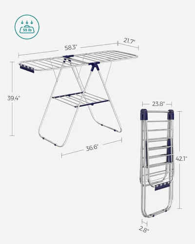 Miniatura 6 de SONGMICS Rejilla de secado de ropa, con clips para calcetines, estante de lavandería de metal, plegable, ahorra espacio, aireador independiente