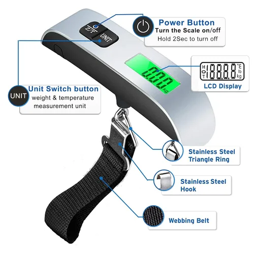 Miniatura 3 de HalyCares - Báscula de equipaje peso digital portátil para maleta asistente de equipaje de viaje sensor de temperatura 110 libras batería CR2032