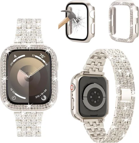 Miniatura 19 de compatible con Apple Watch de 1.496 pulgadas 1.575 pulgadas 1.654 pulgadas 1.732 pulgadas con funda para mujer, correa de metal con diamante
