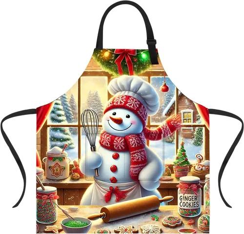 Miniatura 10 de Delantal de Navidad de THISFIND con 2 bolsillos, cuello ajustable para mujeres, hombres y adultos, ideal para cocina, parrilla, horneado