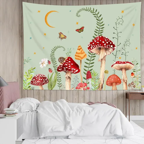 Miniatura 3 de LB Tapiz de hongos para colgar en la pared, luna y estrella en beige, tapiz de pared para dormitorio, estética de planta verde, arte de pared