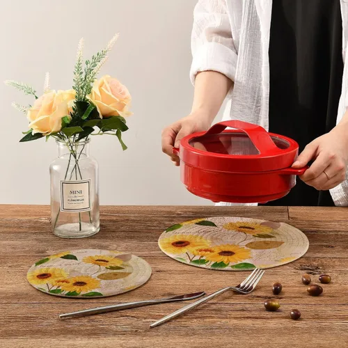 Miniatura 7 de Blueangle Juego de 2 agarraderas redondas tejidas de algodón trenzado de girasoles y girasoles amarillos, manteles de mesa para cocinar y hornear