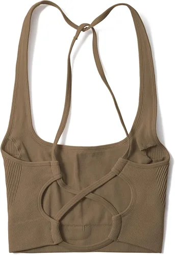 Miniatura 7 de OMKAGI Conjunto de entrenamiento acanalado para mujer, sin costuras, brasier deportivo con tiras y levantamiento de glúteos