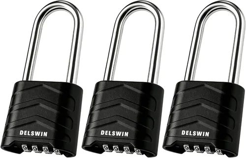 Miniatura 8 de DELSWIN Paquete de 3 candados de combinación grande, 4 dígitos reiniciables con grillete de acero endurecido, cuerpo de aluminio de seguridad
