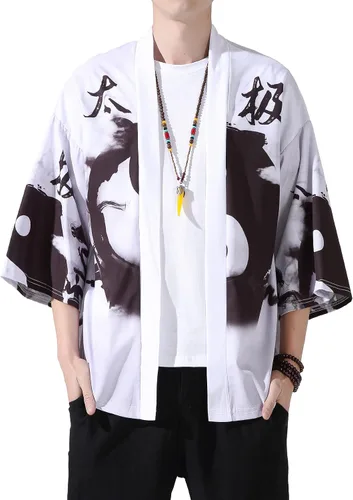 Miniatura 23 de PRIJOUHE Chaqueta Kimono Ligera para Hombre de Manga Tres Cuartos con Frente Abierto Cárdigan Estilo Japonés