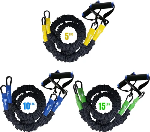 Miniatura 11 de Valor Fitness Bandas de resistencia – 5 libras a 25 libras – Mosquetones adjuntos y 2 bandas por opción de peso con asas – Funda cubierta