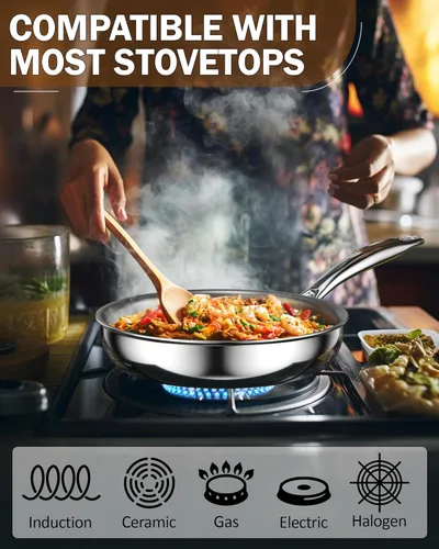 Miniatura 3 de Cook N Home Sartén clásica de acero inoxidable de 8 pulgadas con revestimiento de tres capas, sartén para saltear, inducción, compatible con todas