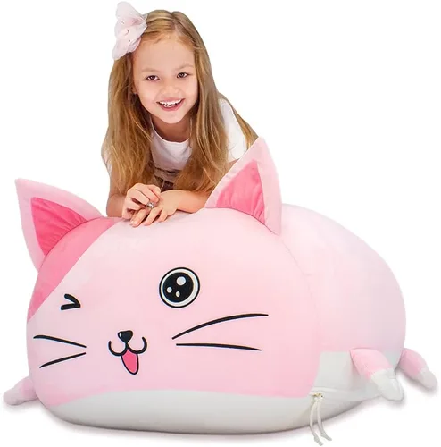 Anzitinlan Lindo puf de gato para niños, puf de almacenamiento de animales de peluche rosa para decoración de habitación de niñas, tamaño