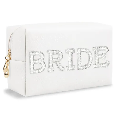 Miniatura 261 de Pequeña bolsa de maquillaje personalizada con inicial A-Z Preppy Patch, bolsa de cosméticos de viaje de felpilla blanca con cremallera, bonita bolsa