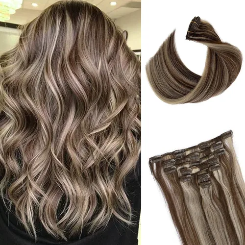 Miniatura 44 de Extensiones de cabello rubio ceniza con reflejos, extensiones de cabello humano real con clip, de 12 pulgadas, 2.47 onzas, doble trama, invisible