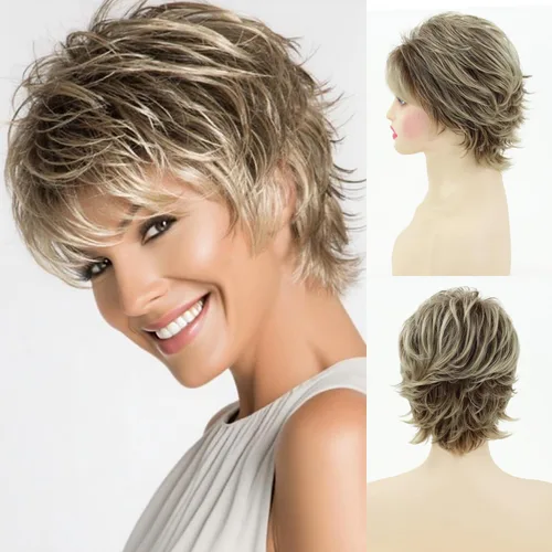 Miniatura 10 de SEVENCOLORS Pelucas cortas de cabello sintético con flequillo lateral y rubio mezclado para mujeres blancas, longitud al hombro, pelucas de cabello