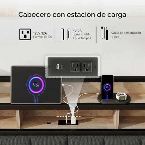 Miniatura 4 de Cabecera completa solo con almacenamiento, cabeceros tapizados para cama de tamaño matrimonial con luz LED, estación de carga, altura ajustable