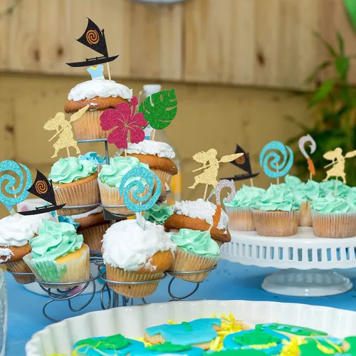 Miniatura 4 de 24 piezas inspiradas en Mo para cupcakes de cumpleaños con purpurina de hoja de palma, flor de moana, decoración de fiesta de cumpleaños hawaiana