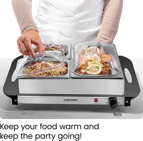 Miniatura 2 de Chefman Servidor de buffet eléctrico + bandeja de calentamiento con temperatura ajustable y 3 platos calentadores, placa caliente perfecta